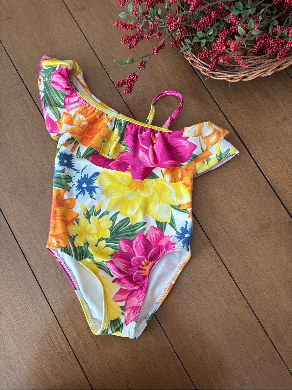 Janie and Jack Tropical Floral One-Shoulder Swimsuit in Pink, Yellow & Blue